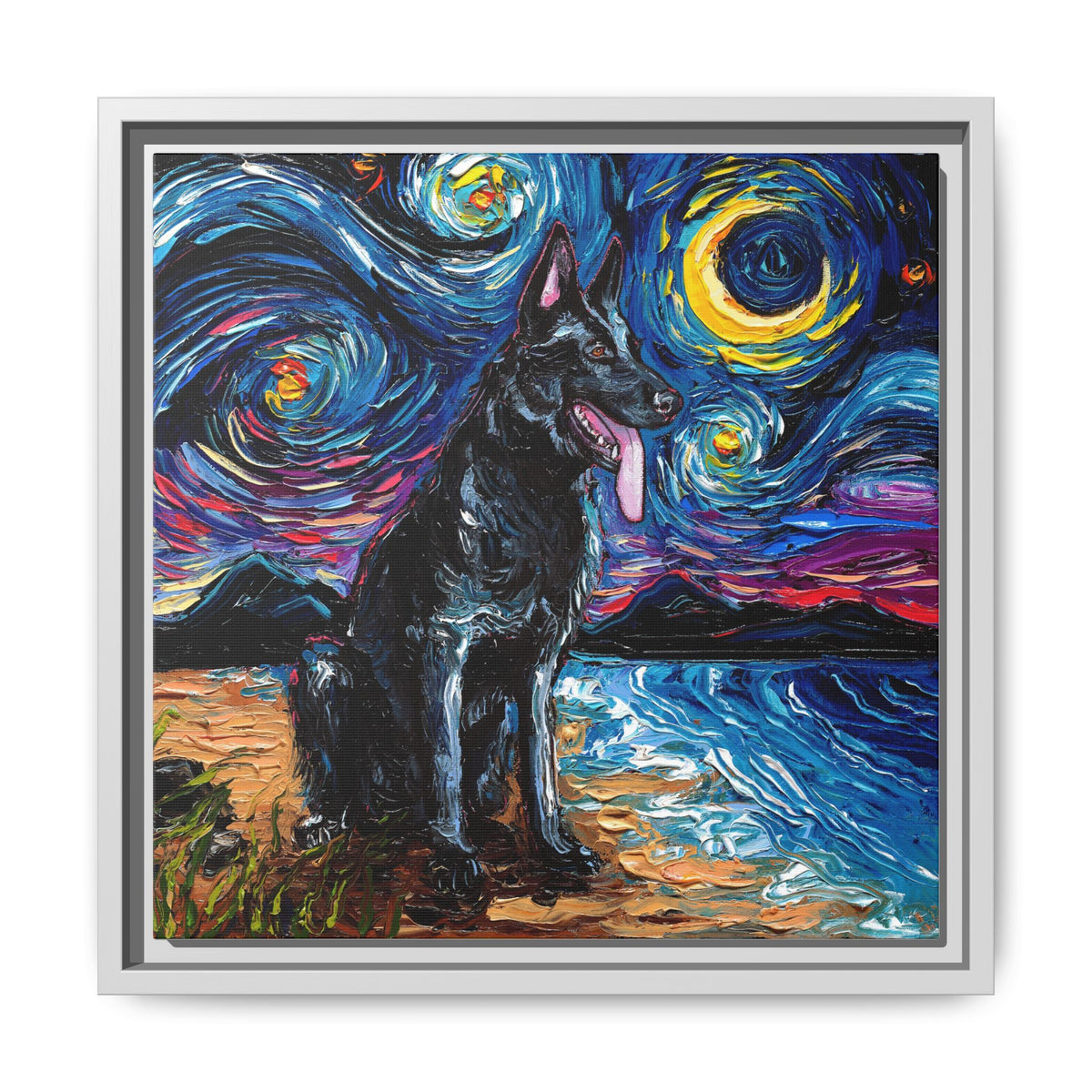 "Black German Shepherd Night" Framed Canvas Wall Art