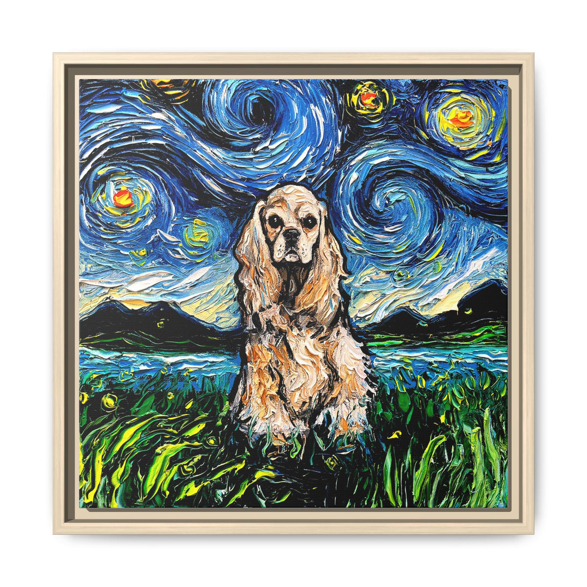 "Buff American Cocker Spaniel Night" Framed Canvas Wall Art