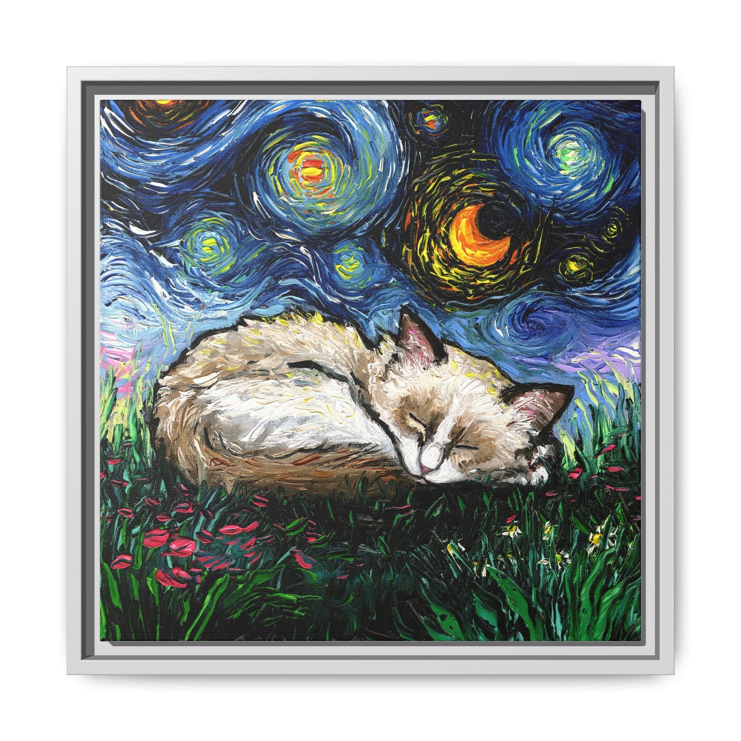 "Sleepy Ragdoll Kitten Night" Framed Canvas Wall Art