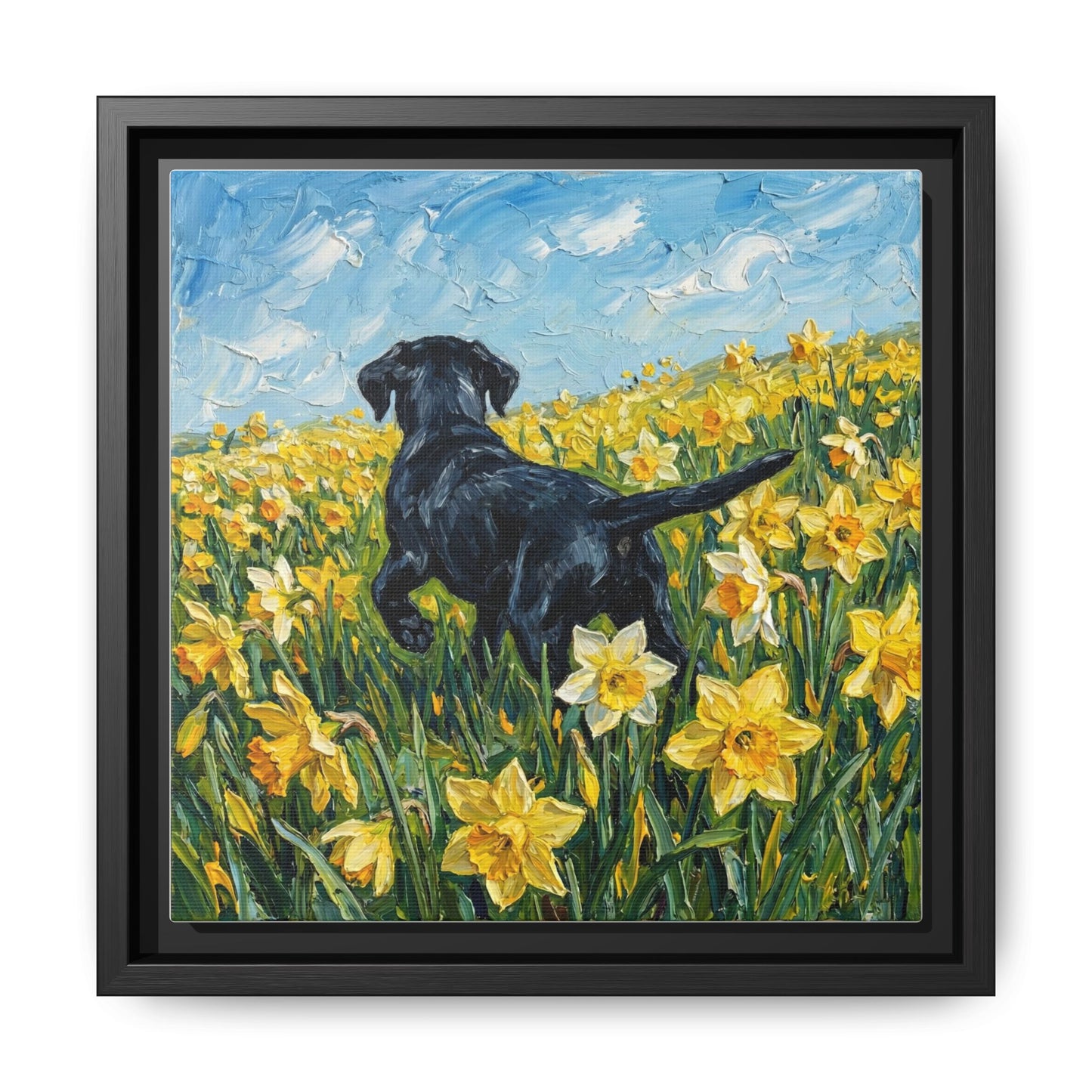 "Amongst The Flowers - Black Labrador" Framed Canvas Wall Art