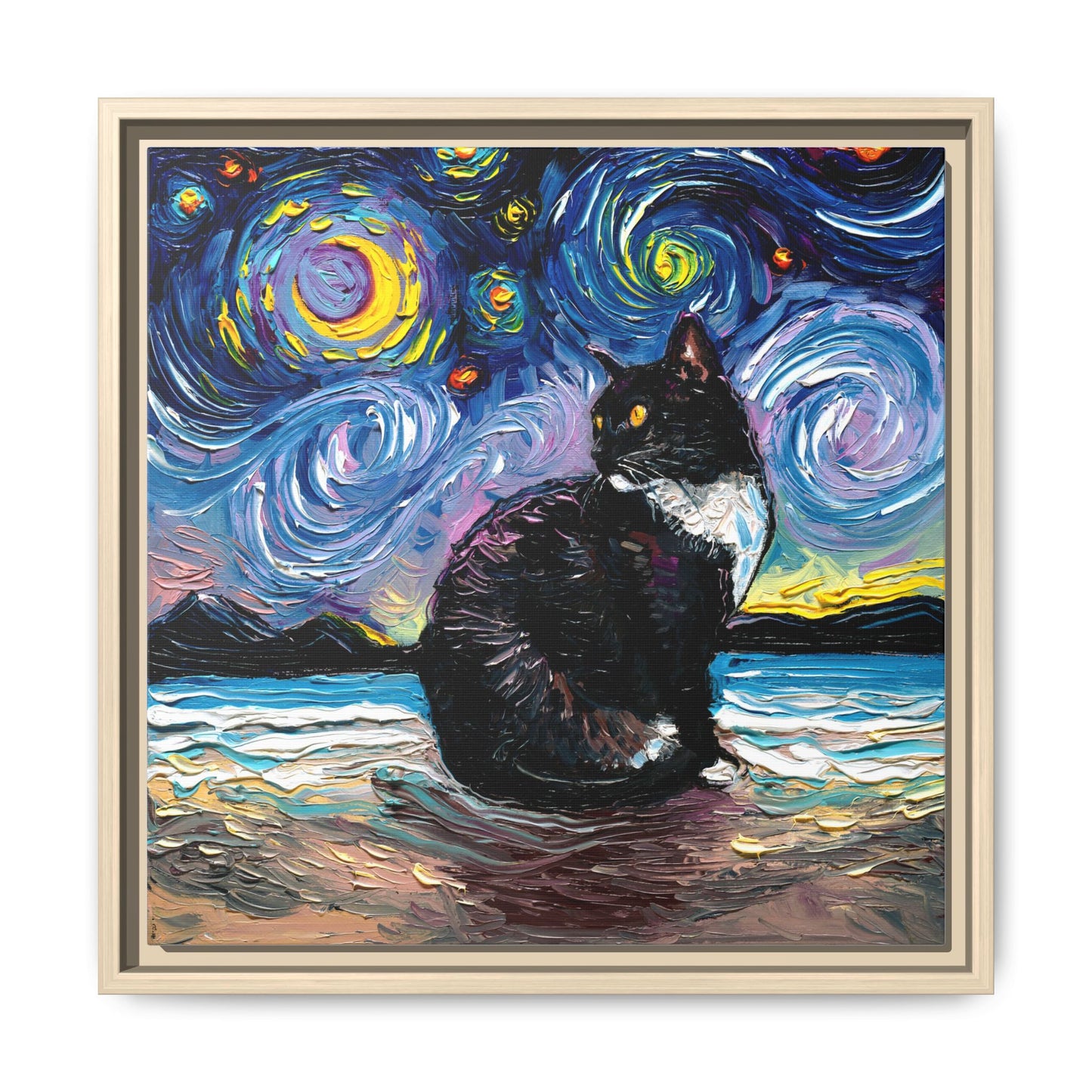 "Tuxedo Cat Night 2" Framed Canvas Wall Art