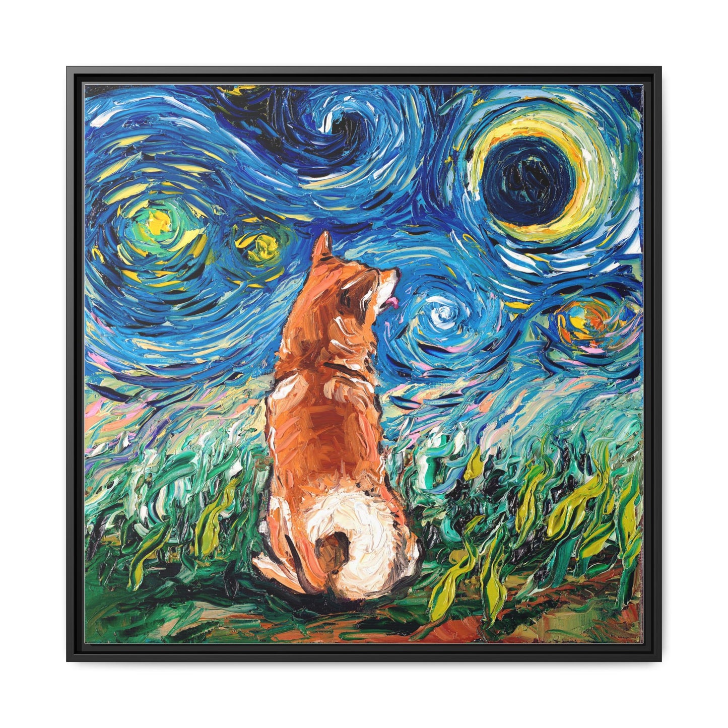 "Shiba Inu Night" Framed Canvas Wall Art