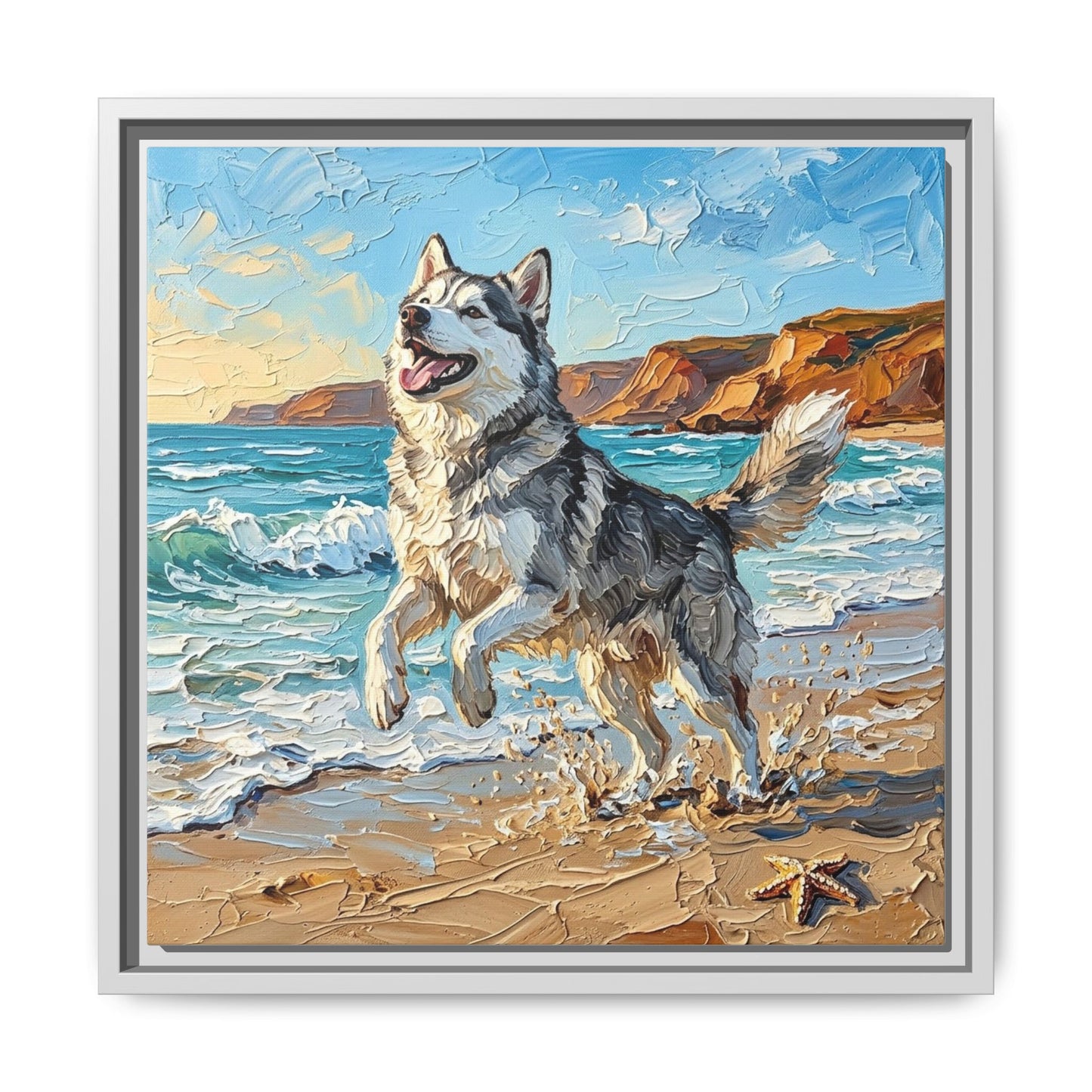 "Beach Day - Husky" Framed Canvas Wall Art