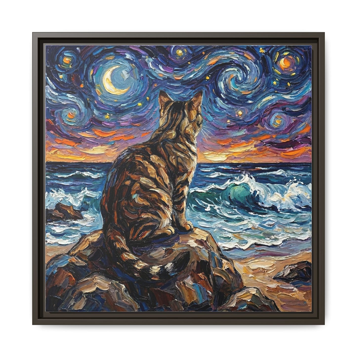 "Beach Night - Brown Tabby" Framed Canvas Wall Art