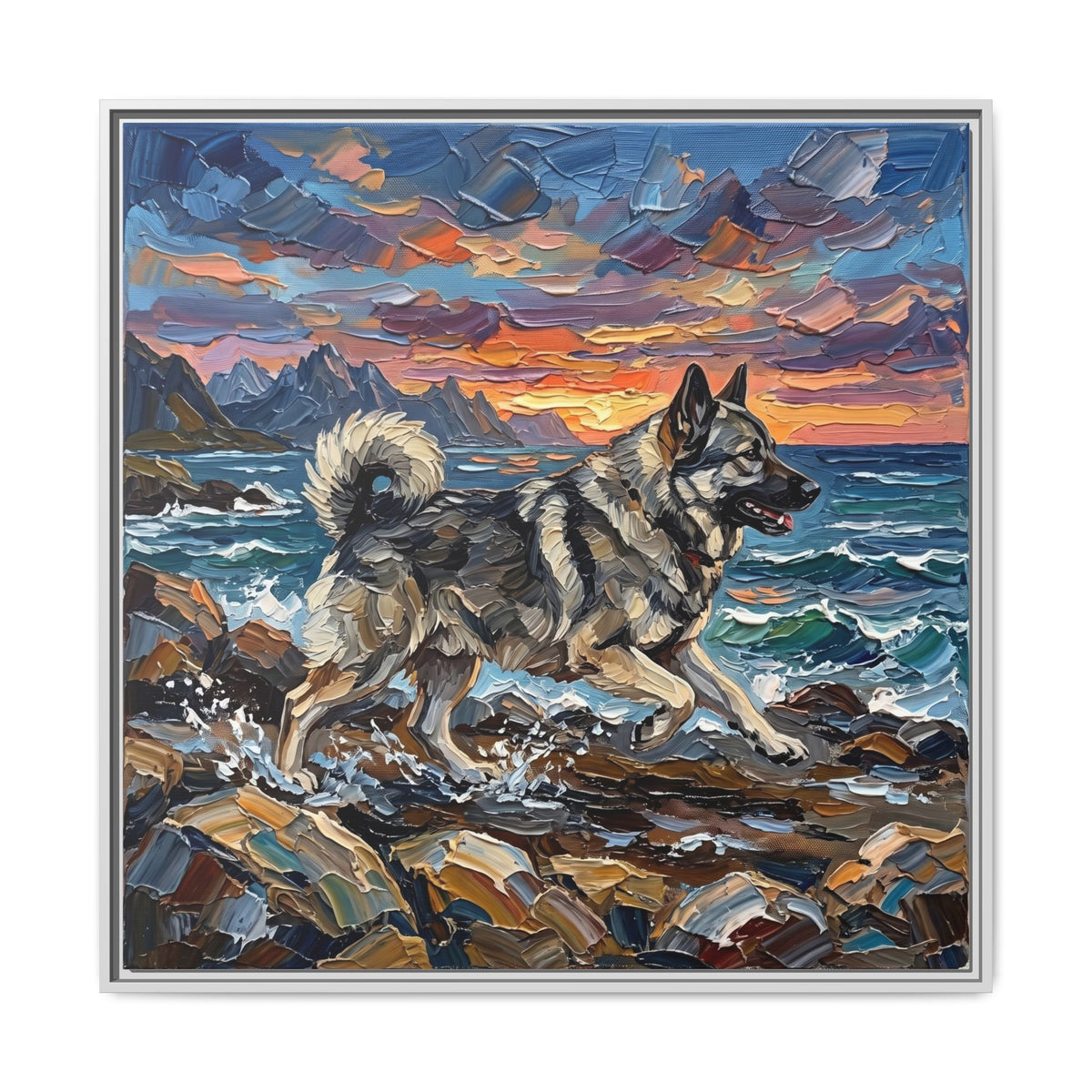 "Beach Days - Norwegian Elkhound" Framed Canvas Wall Art