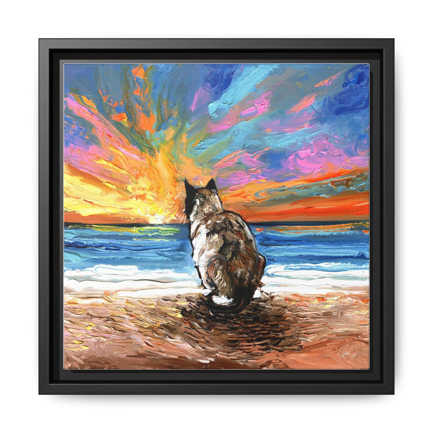 "Beach Day - Snowshoe Cat" Framed Canvas Wall Art