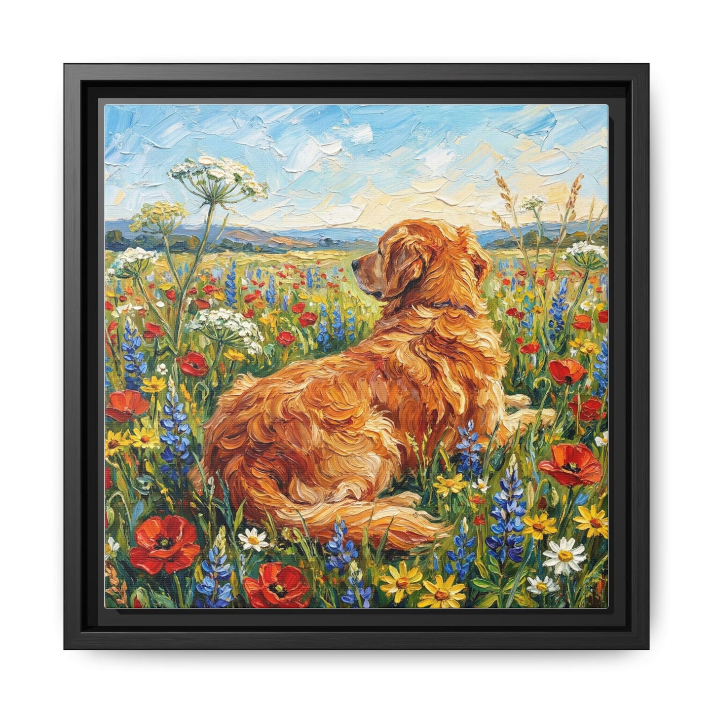 "Amongst The Flowers - Golden Retriever" Framed Canvas Wall Art