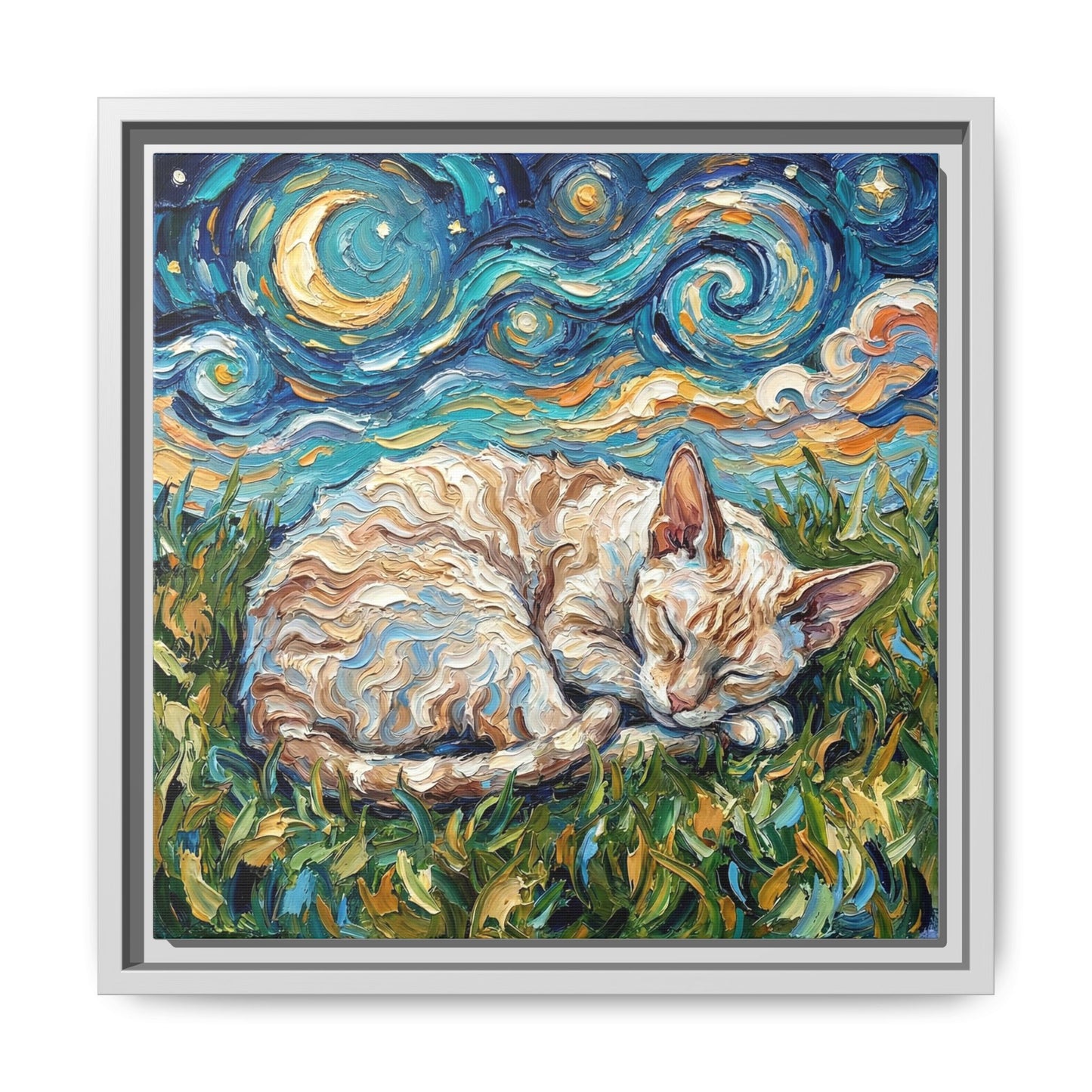 "Sleepy Cornish Rex Night" Framed Canvas Wall Art