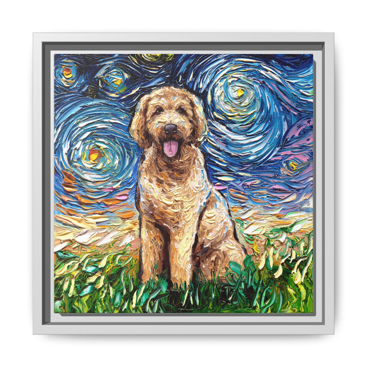 "Goldendoodle Night" Framed Canvas Wall Art