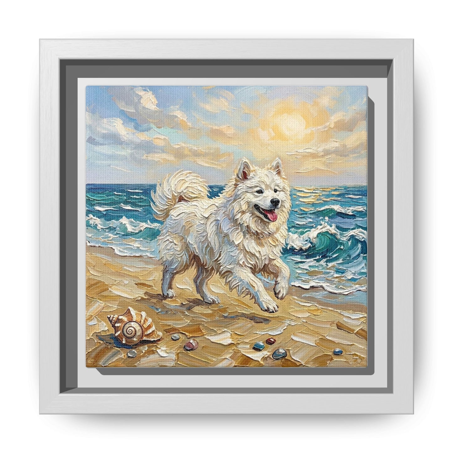 "Beach Day - Samoyed" Framed Canvas Wall Art