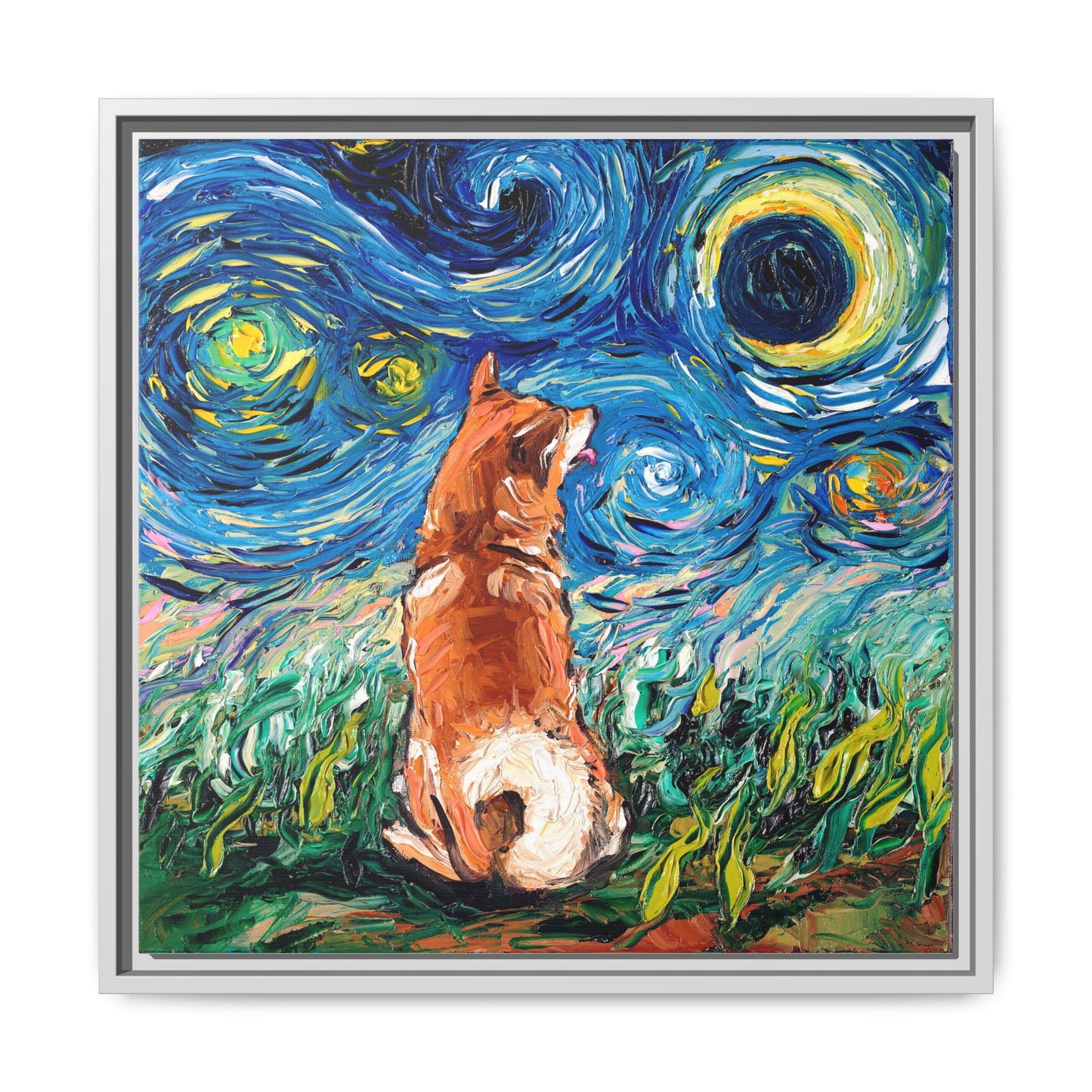"Shiba Inu Night" Framed Canvas Wall Art