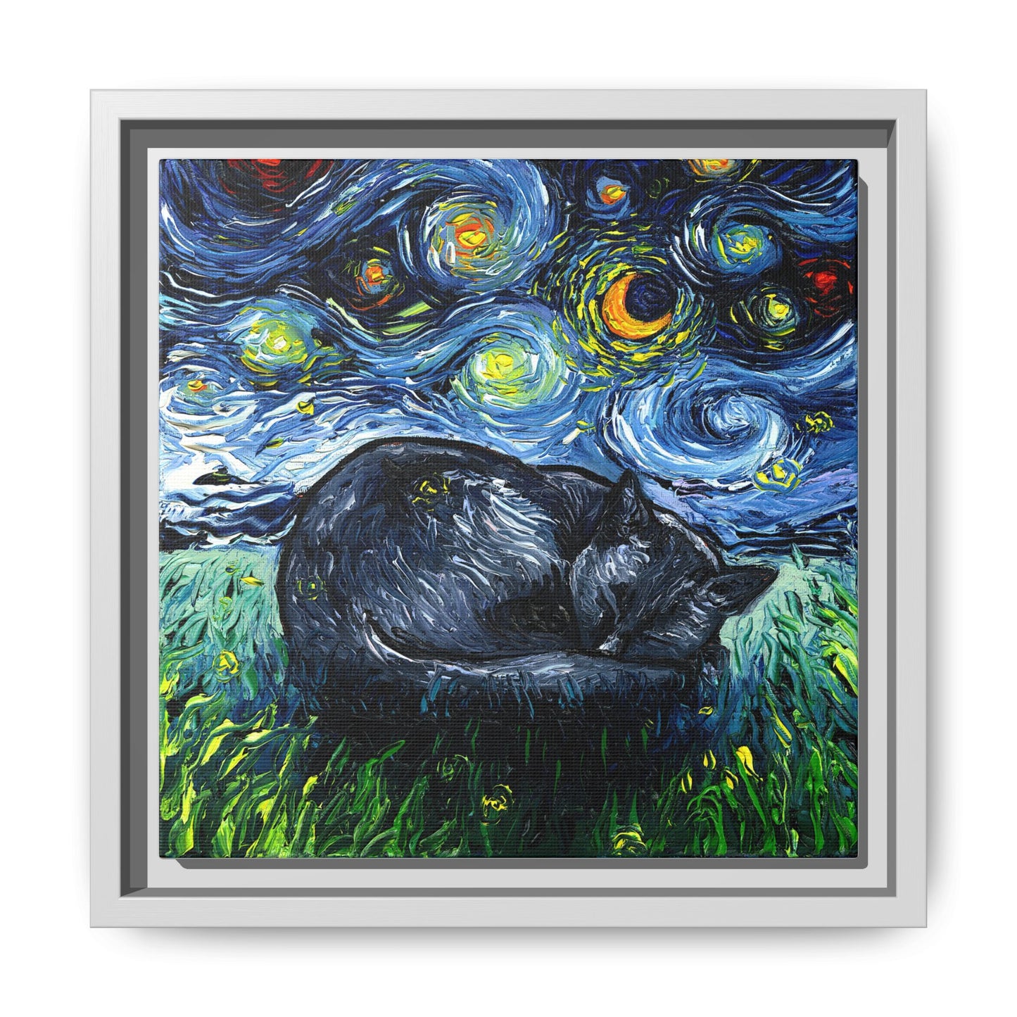 "Sleepy Black Cat Night" Framed Canvas Wall Art