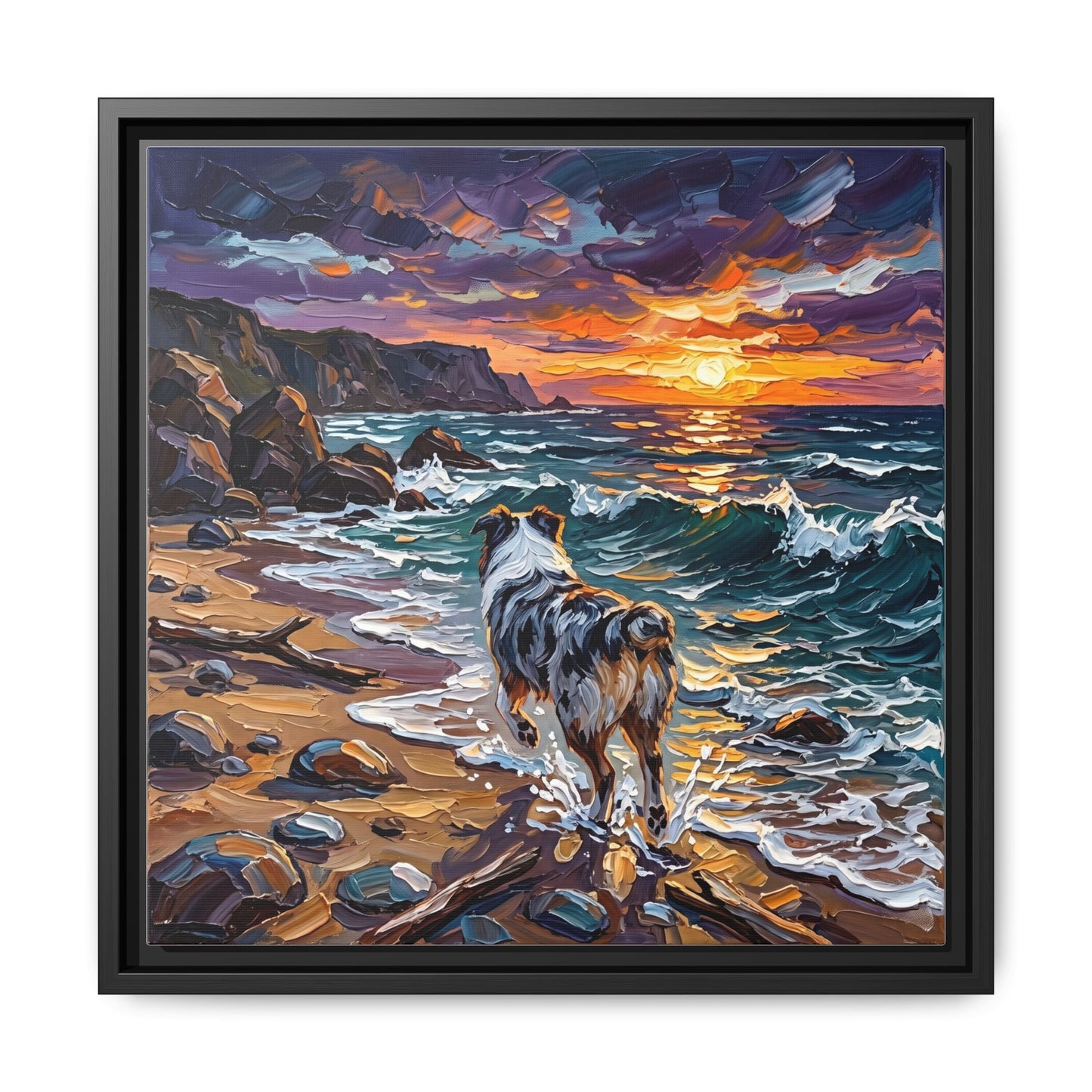 "Beach Day - Merle Aussie Shepherd" Framed Canvas Wall Art