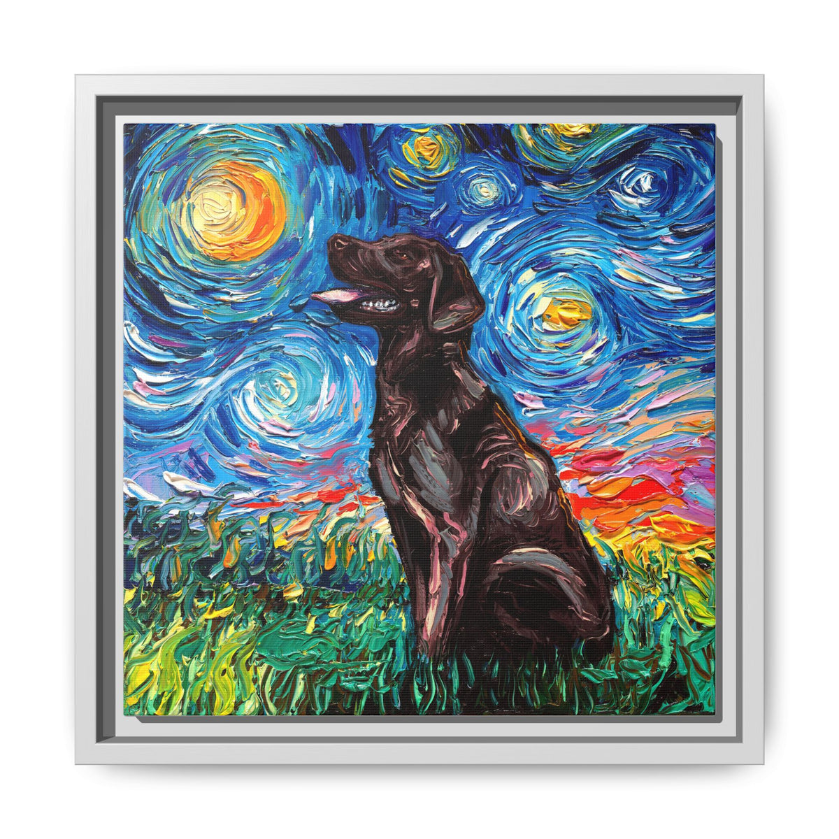 "Chocolate Labrador Night" Framed Canvas Wall Art