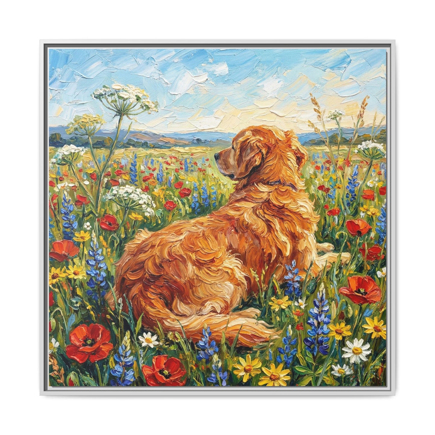 "Amongst The Flowers - Golden Retriever" Framed Canvas Wall Art