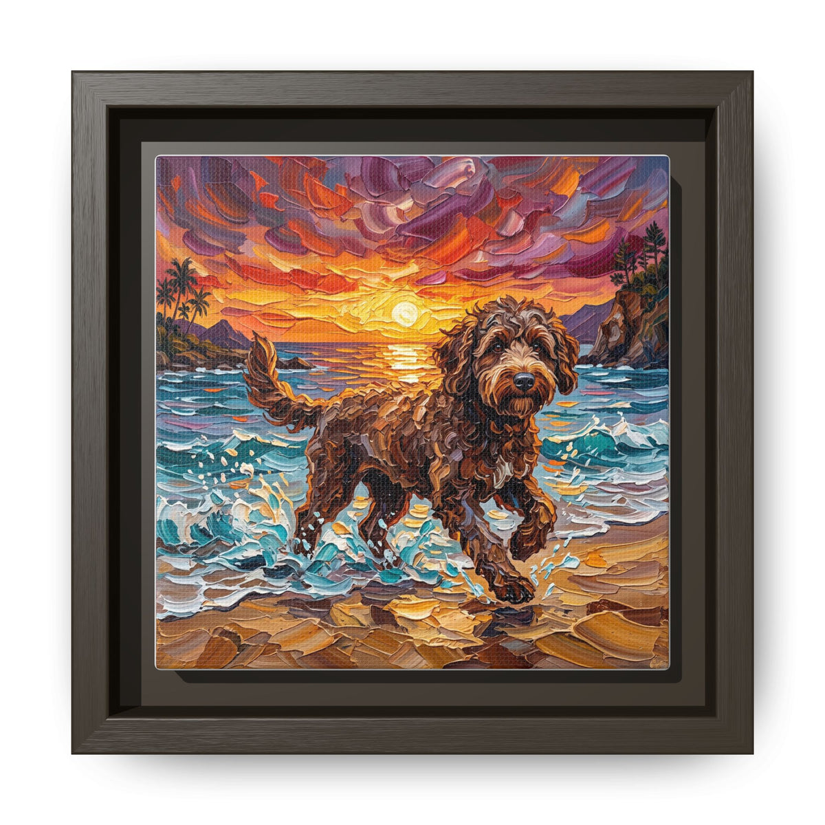 "Beach Day - Brown Goldendoodle" Framed Canvas Wall Art