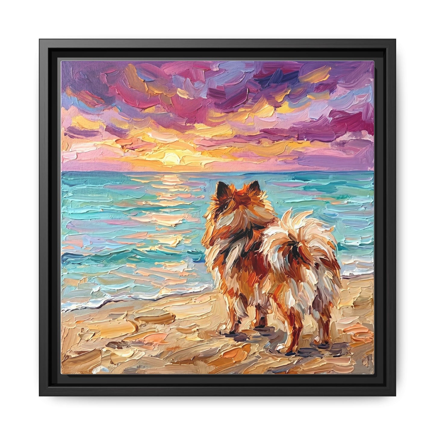 "Beach Sunset - Pomeranian" Framed Canvas Wall Art