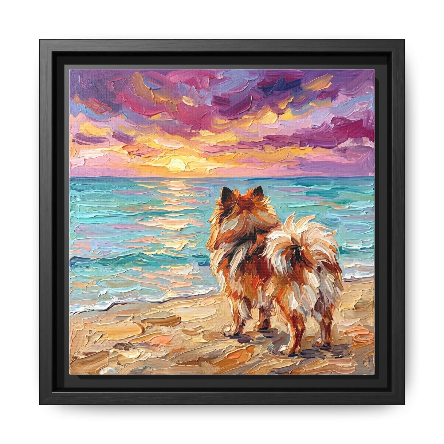 "Beach Sunset - Pomeranian" Framed Canvas Wall Art