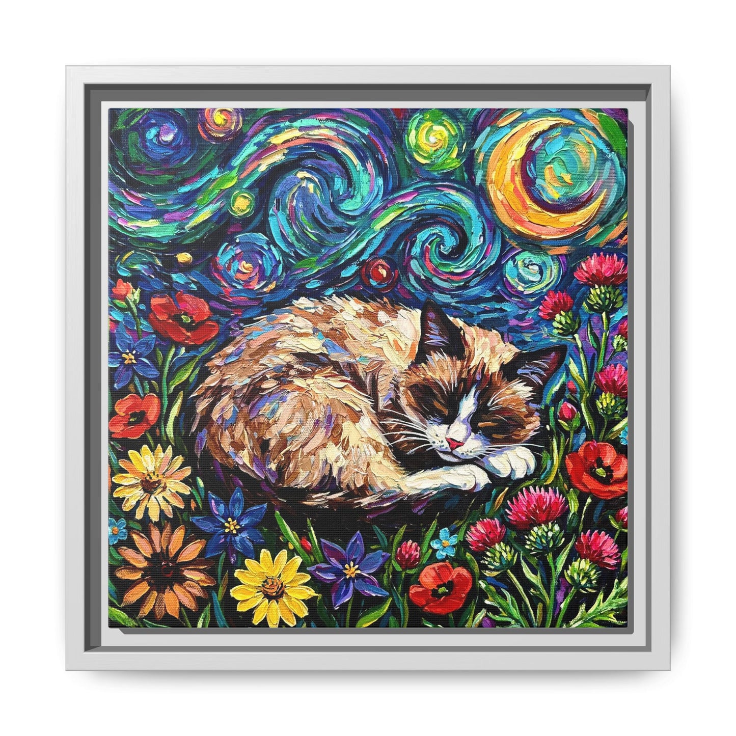 "Sleepy Snowshoe Cat Night" Framed Canvas Wall Art
