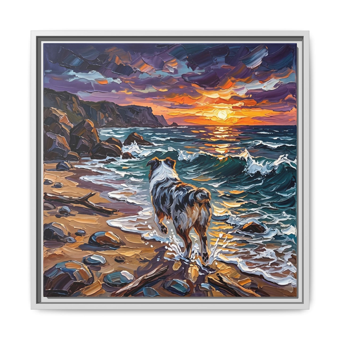 "Beach Day - Merle Aussie Shepherd" Framed Canvas Wall Art