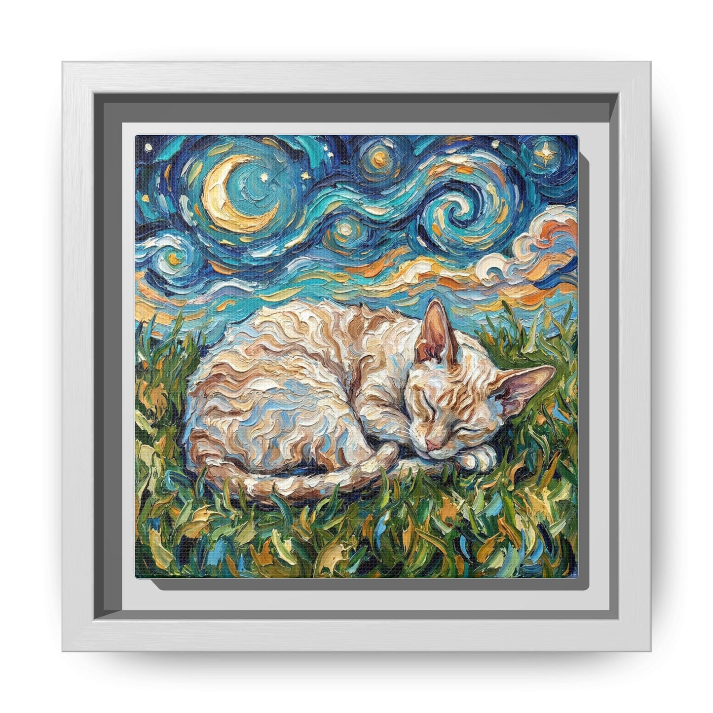 "Sleepy Cornish Rex Night" Framed Canvas Wall Art