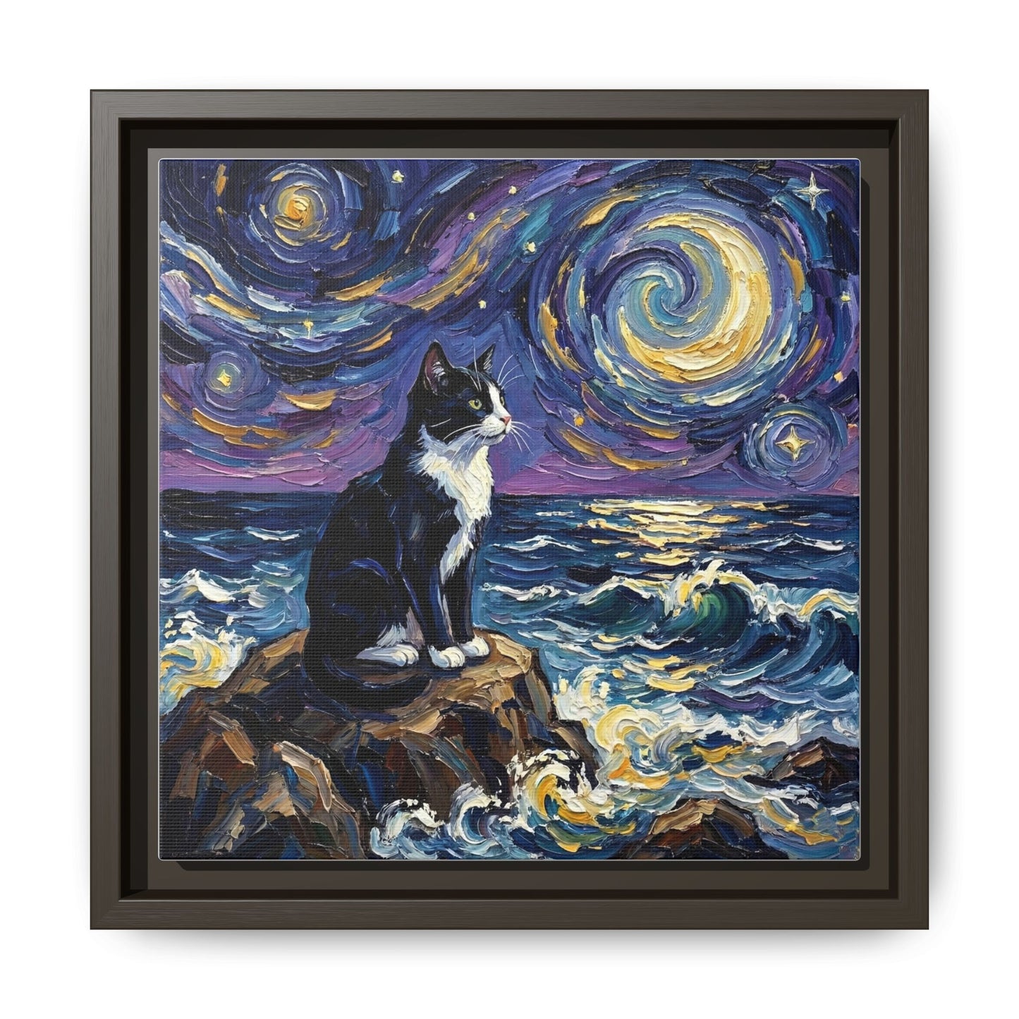 "Beach Night - Tuxedo Cat" Framed Canvas Wall Art