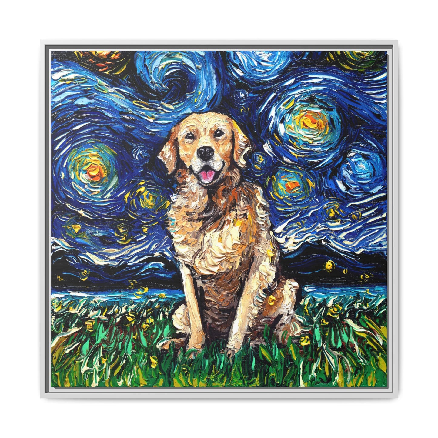 "Golden Retriever Night" Framed Canvas Wall Art