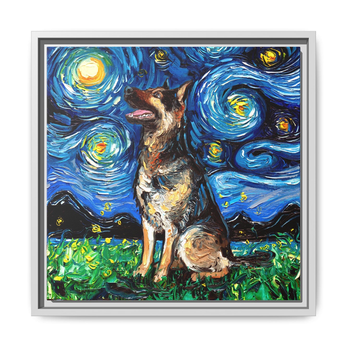 "German Shepherd Night" Framed Canvas Wall Art
