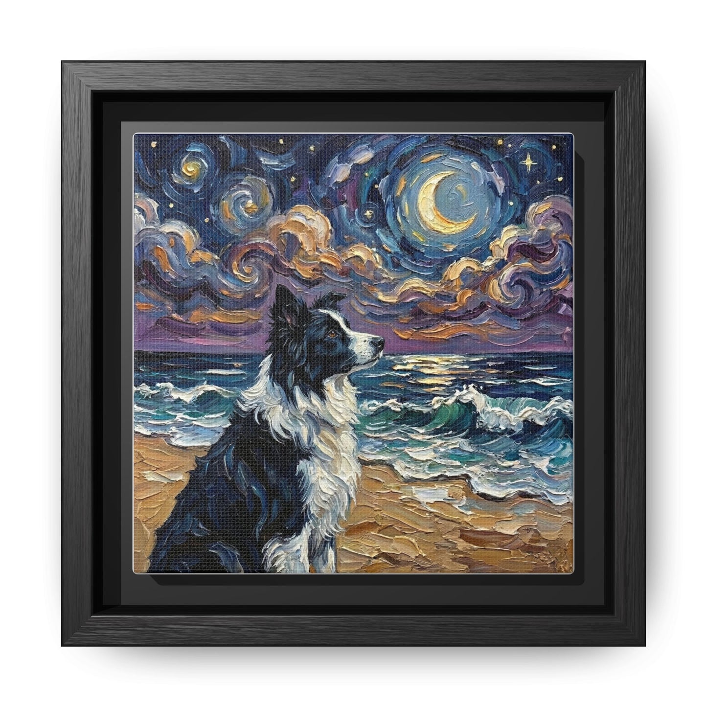 "Beach Night - Border Collie" Framed Canvas Wall Art
