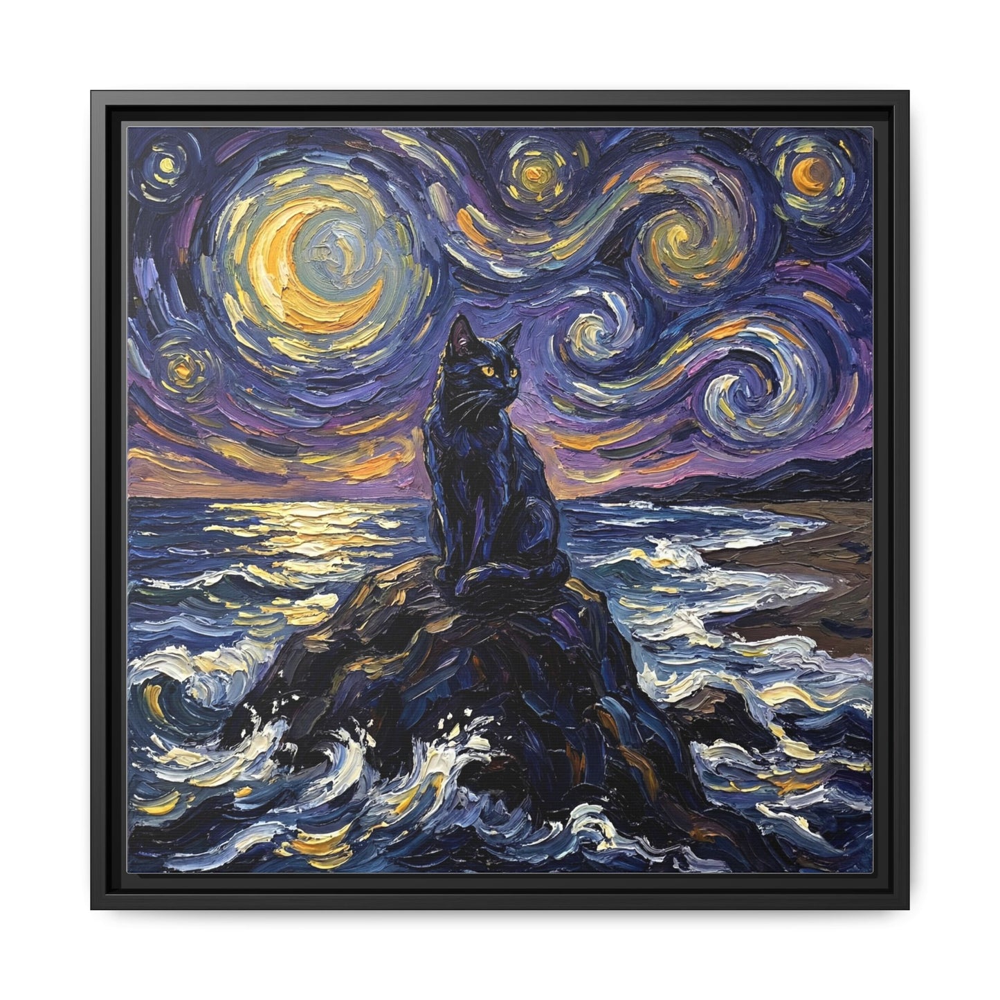 "Beach Night - Black Cat" Framed Canvas Wall Art