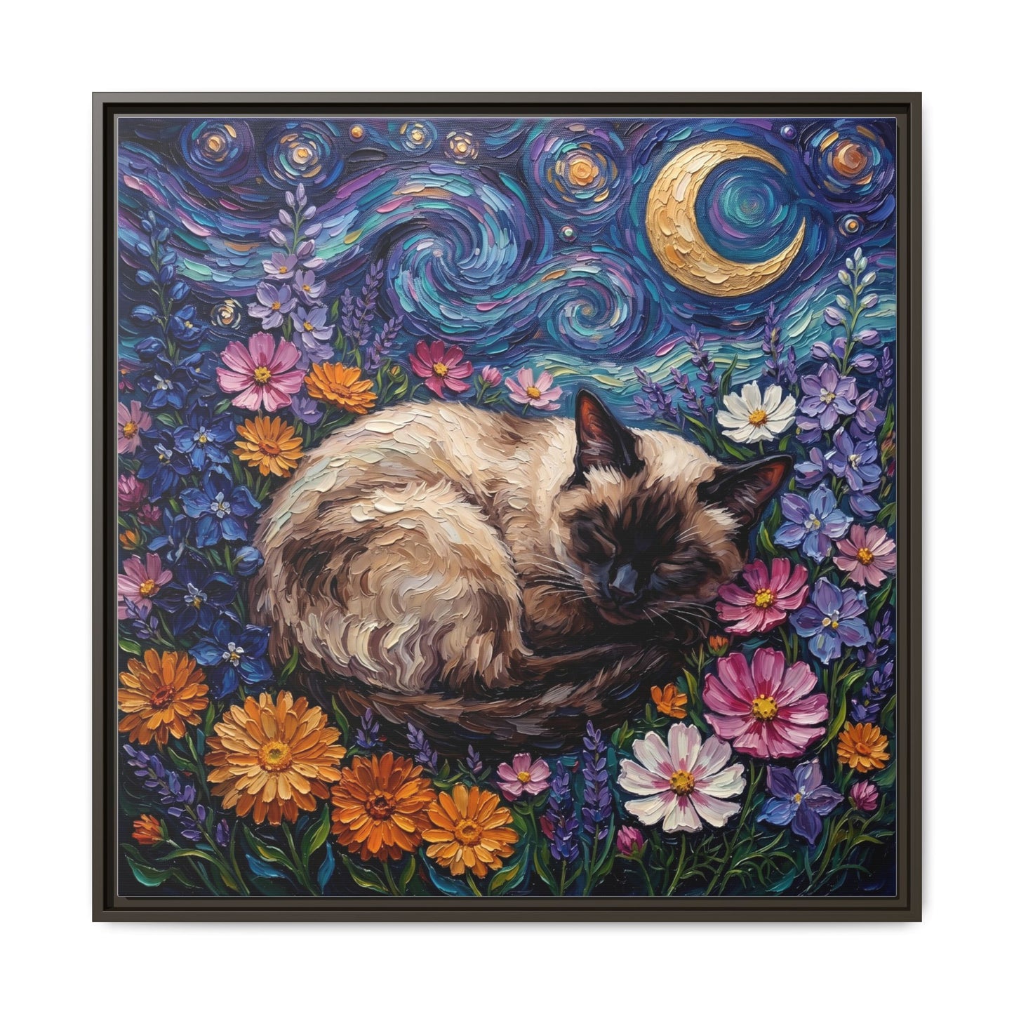 "Amongst The Flowers - Siamese Cat" Framed Canvas Wall Art