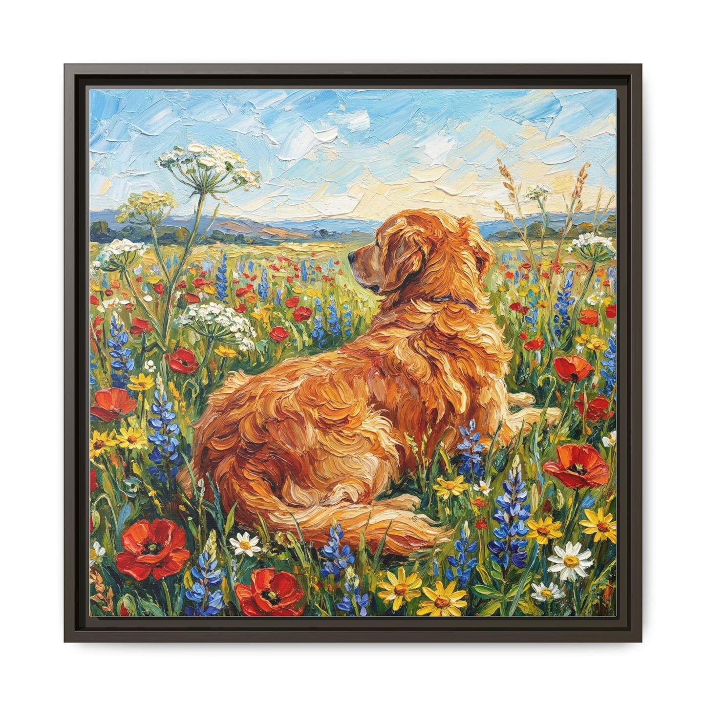 "Amongst The Flowers - Golden Retriever" Framed Canvas Wall Art