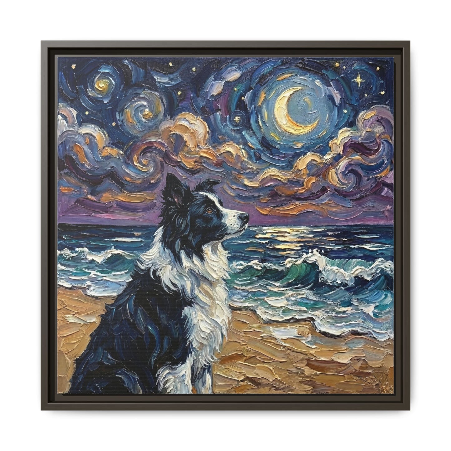 "Beach Night - Border Collie" Framed Canvas Wall Art