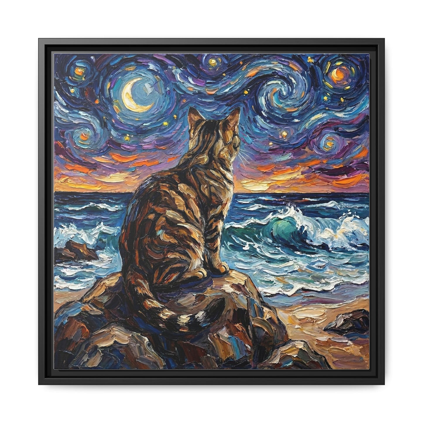 "Beach Night - Brown Tabby" Framed Canvas Wall Art