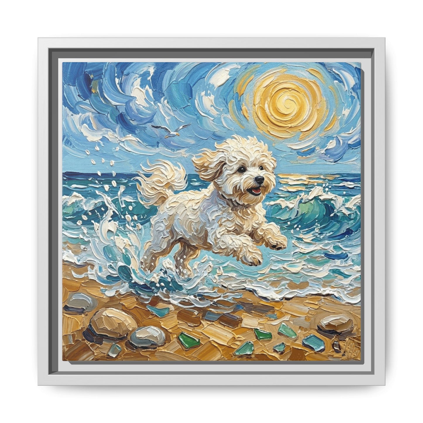 "Beach Day - Bichon Frise" Framed Canvas Wall Art