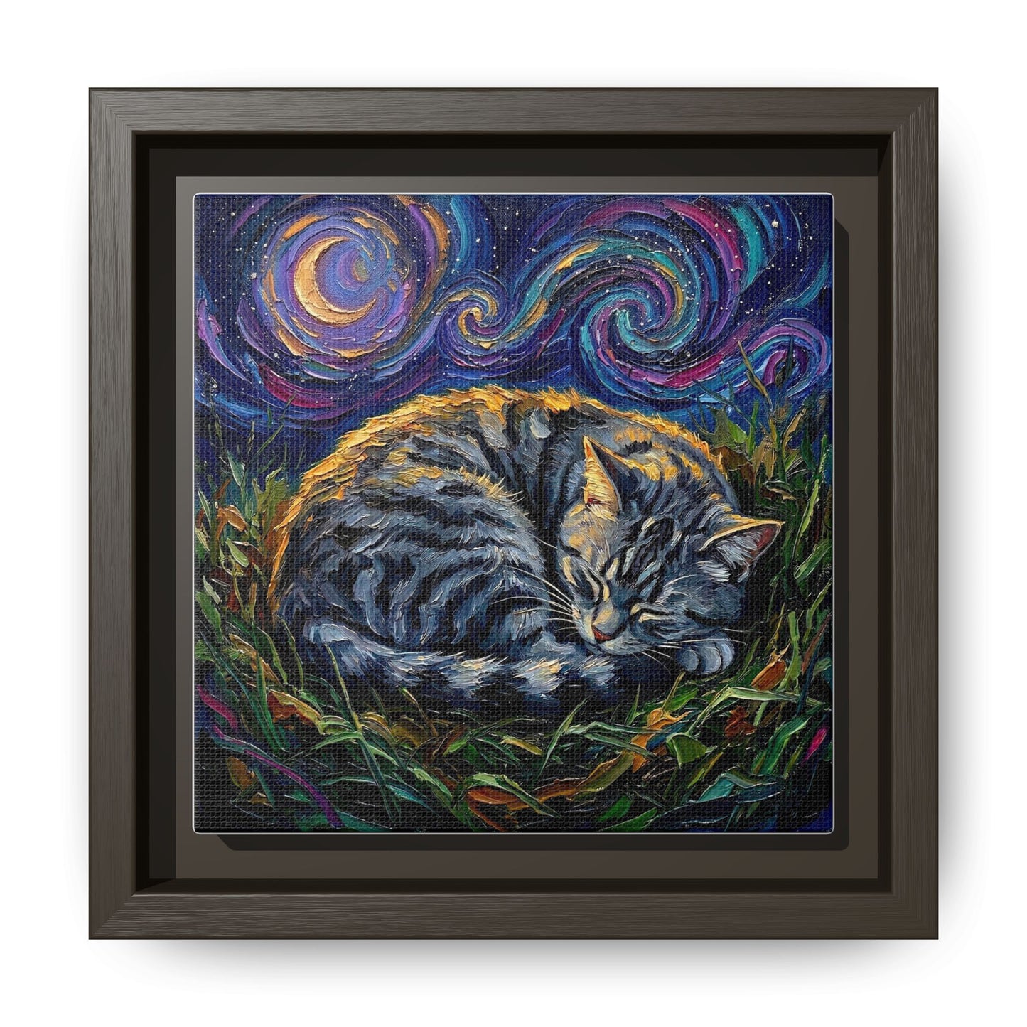 "Sleepy American Shorthair Tabby Night" Framed Canvas Wall Art