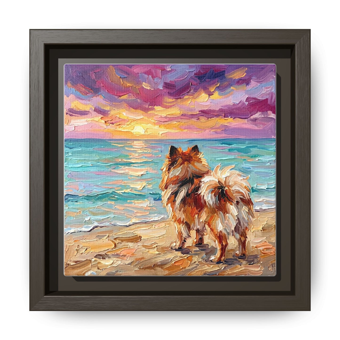 "Beach Sunset - Pomeranian" Framed Canvas Wall Art