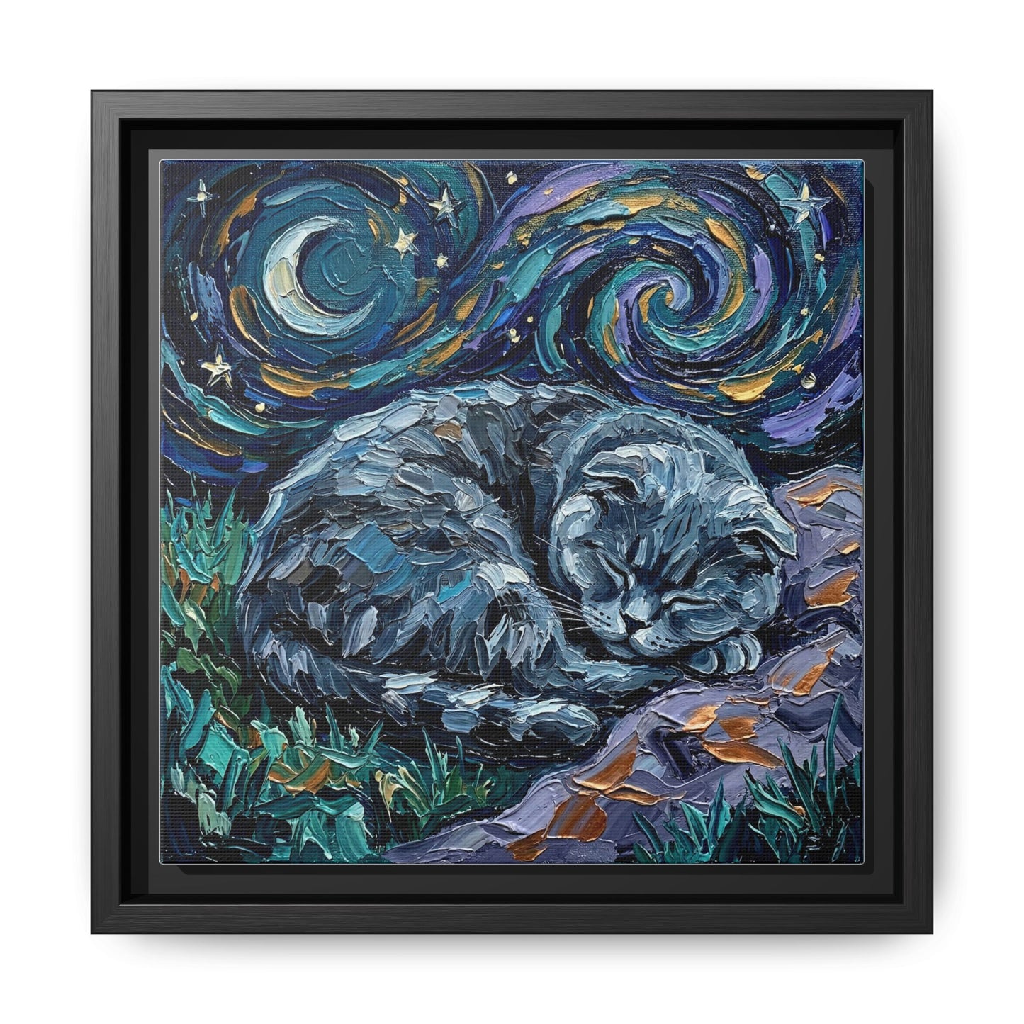 "Sleepy Scottish Fold Night" Framed Canvas Wall Art
