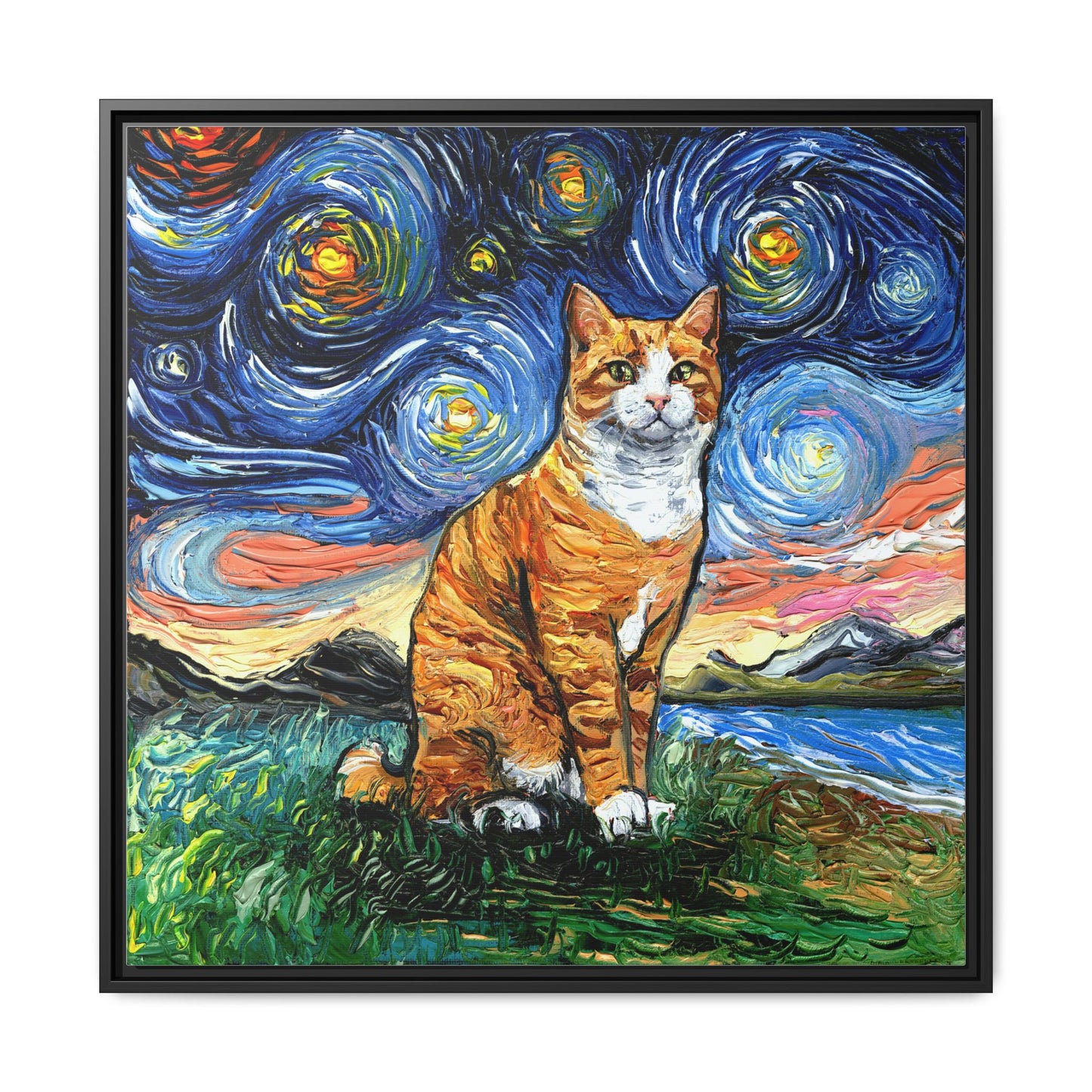 "Orange Tuxedo Tabby Night" Framed Canvas Wall Art