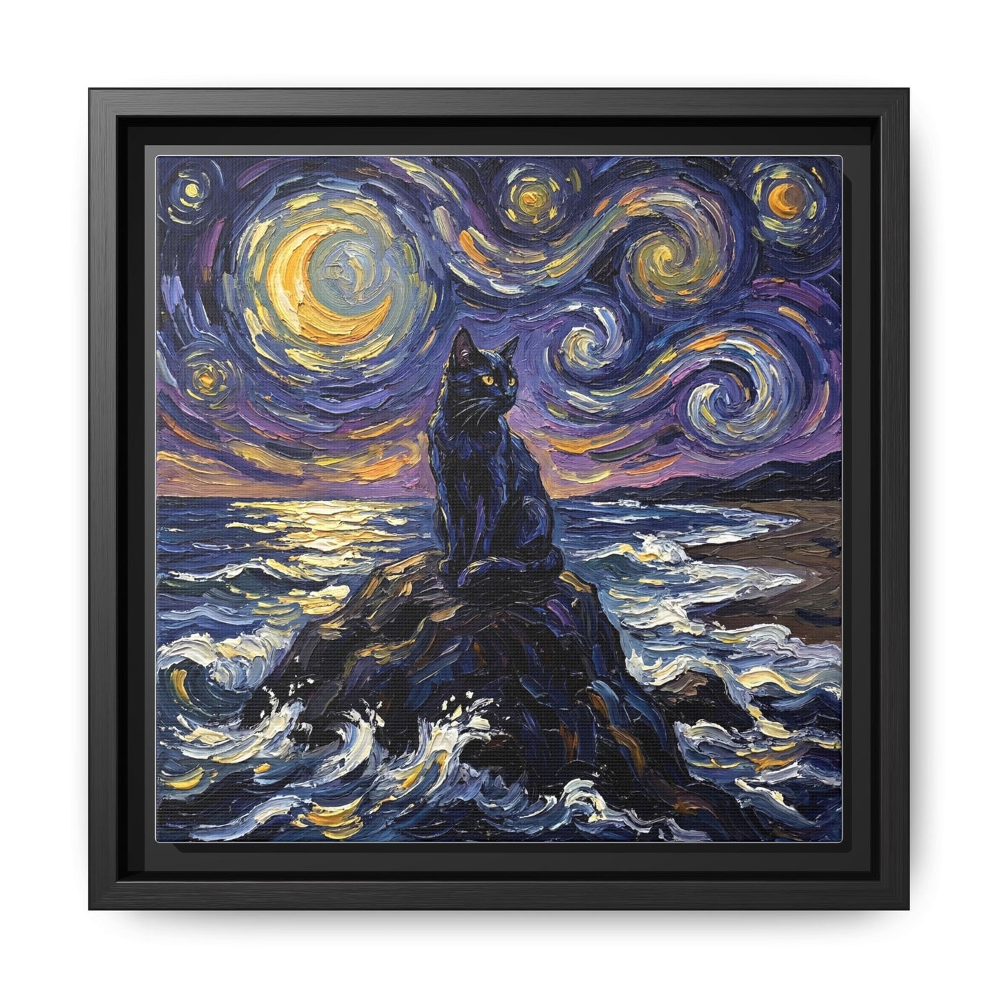 "Beach Night - Black Cat" Framed Canvas Wall Art