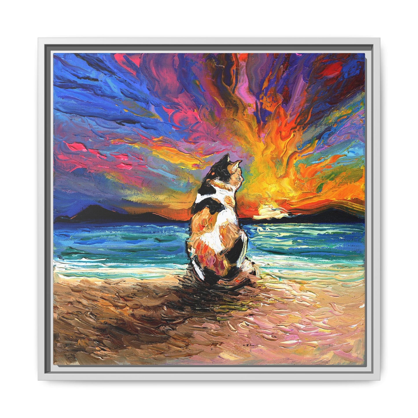 "Beach Day - Calico Cat" Framed Canvas Wall Art