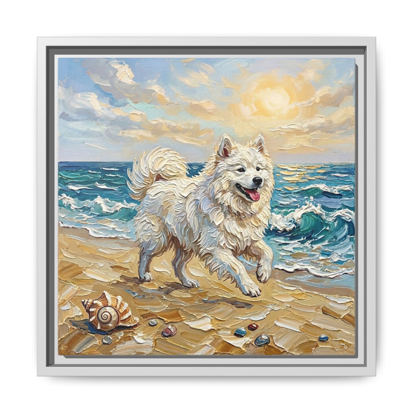 "Beach Day - Samoyed" Framed Canvas Wall Art