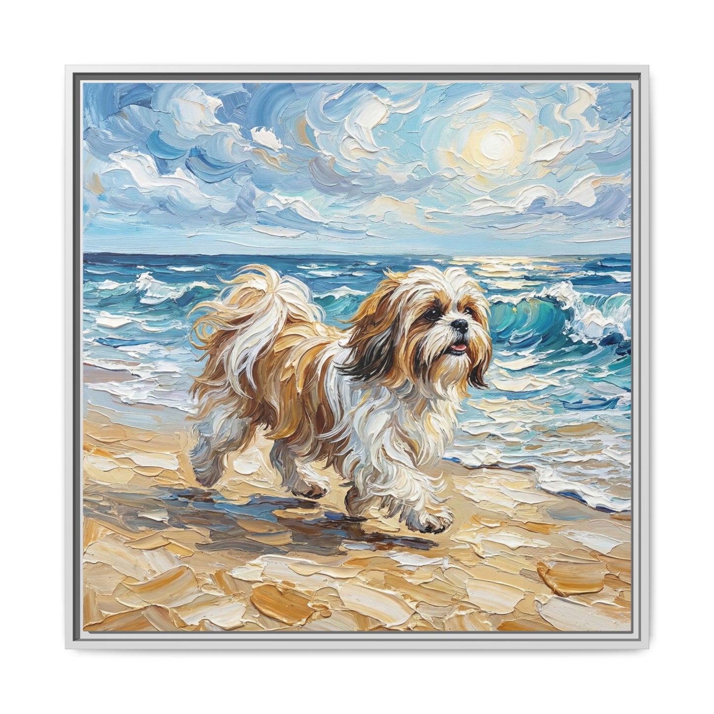 "Beach Day - Shih Tzu" Framed Canvas Wall Art