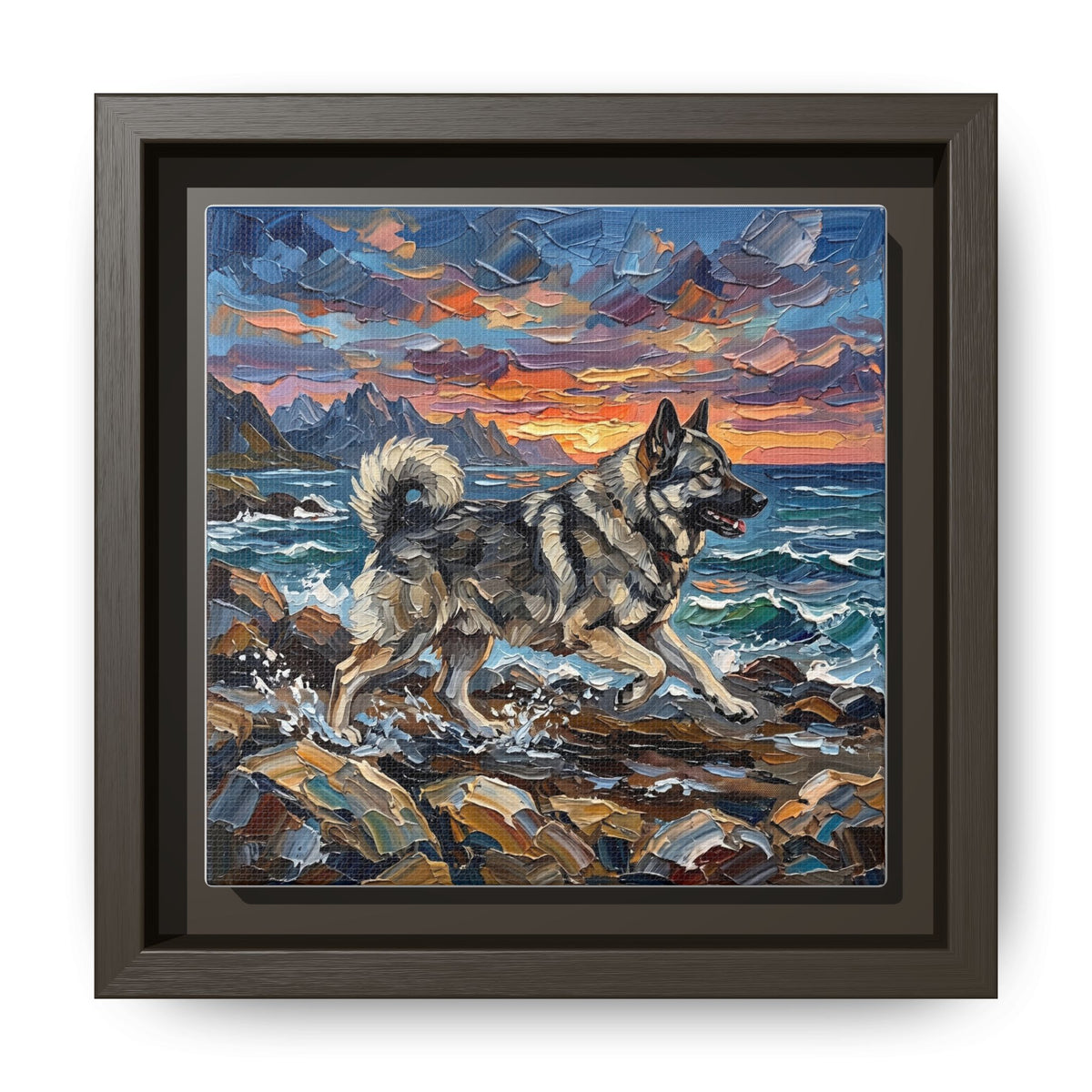 "Beach Days - Norwegian Elkhound" Framed Canvas Wall Art