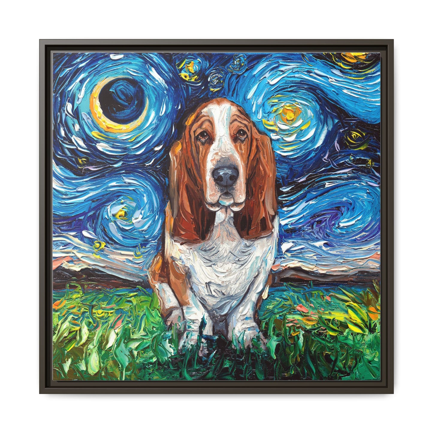 "Basset Hound Night" Framed Canvas Wall Art