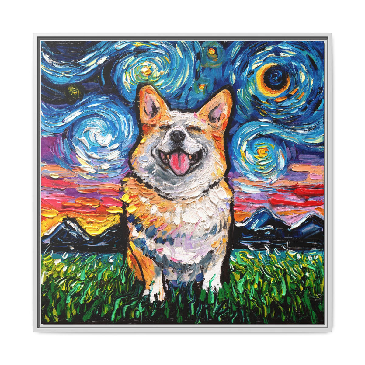 "Smiling Corgi Night" Framed Canvas Wall Art