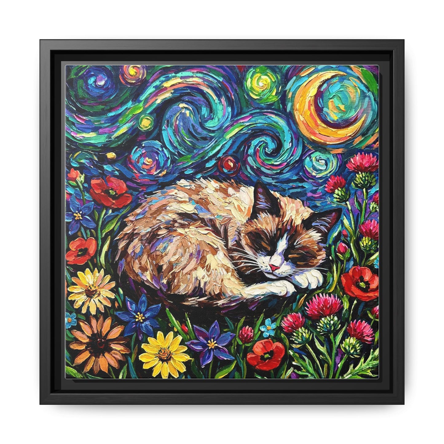 "Sleepy Snowshoe Cat Night" Framed Canvas Wall Art