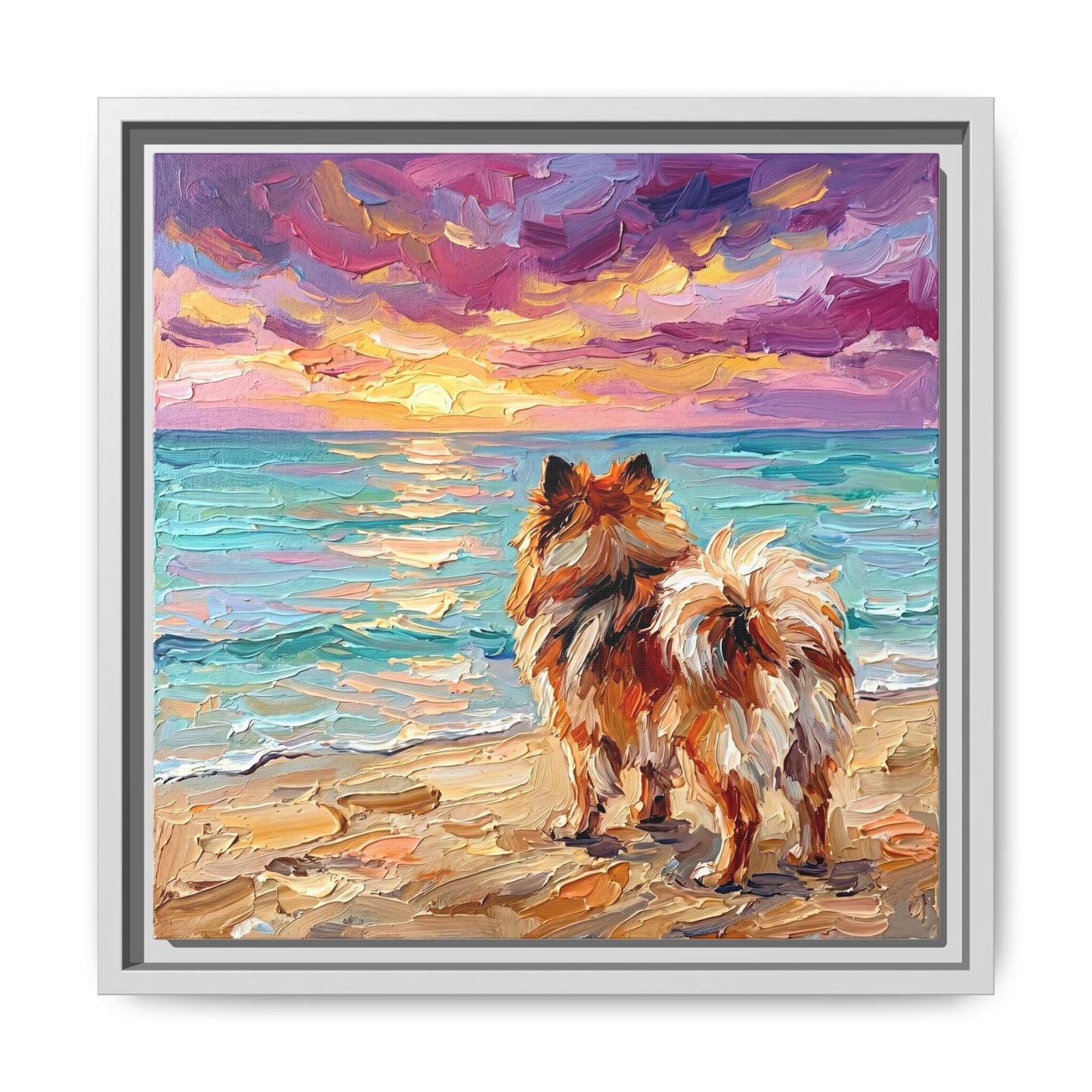 "Beach Sunset - Pomeranian" Framed Canvas Wall Art