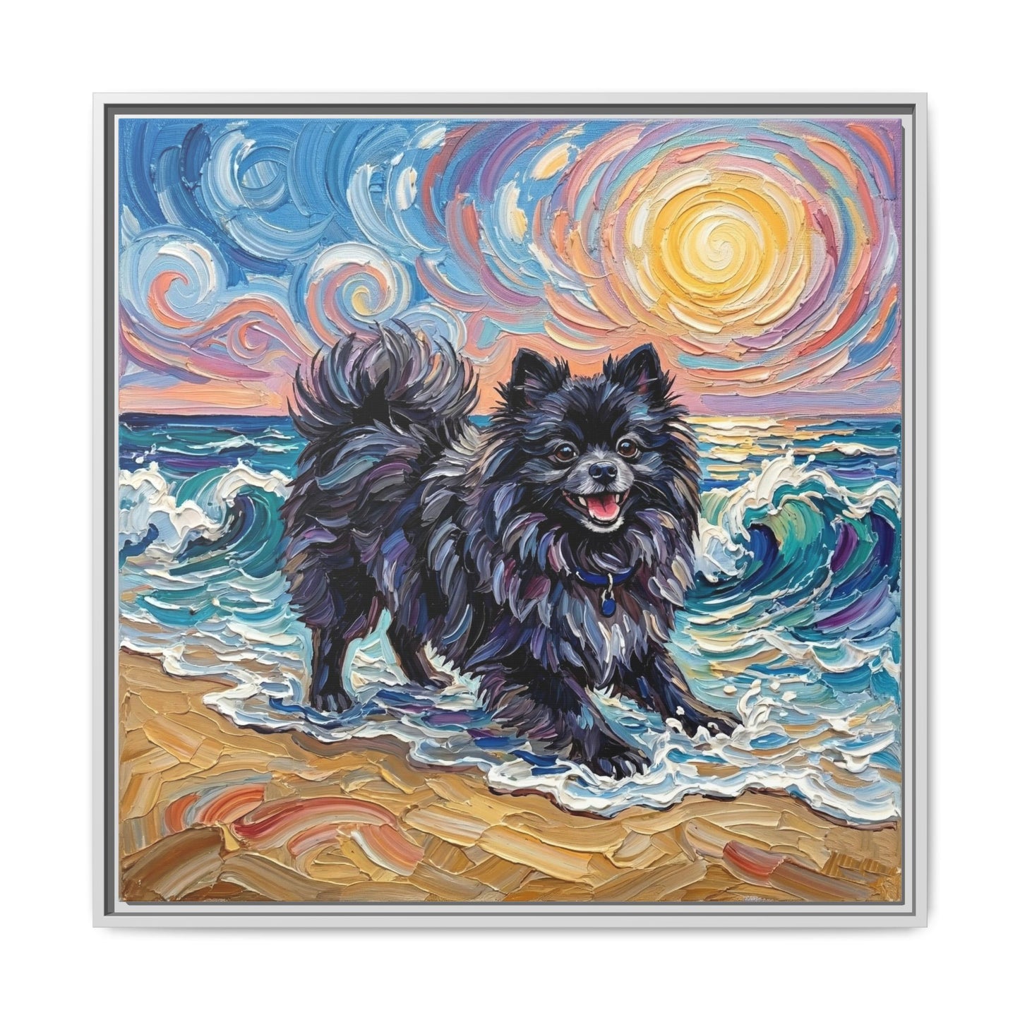 "Beach Day - Black Pomeranian" Framed Canvas Wall Art