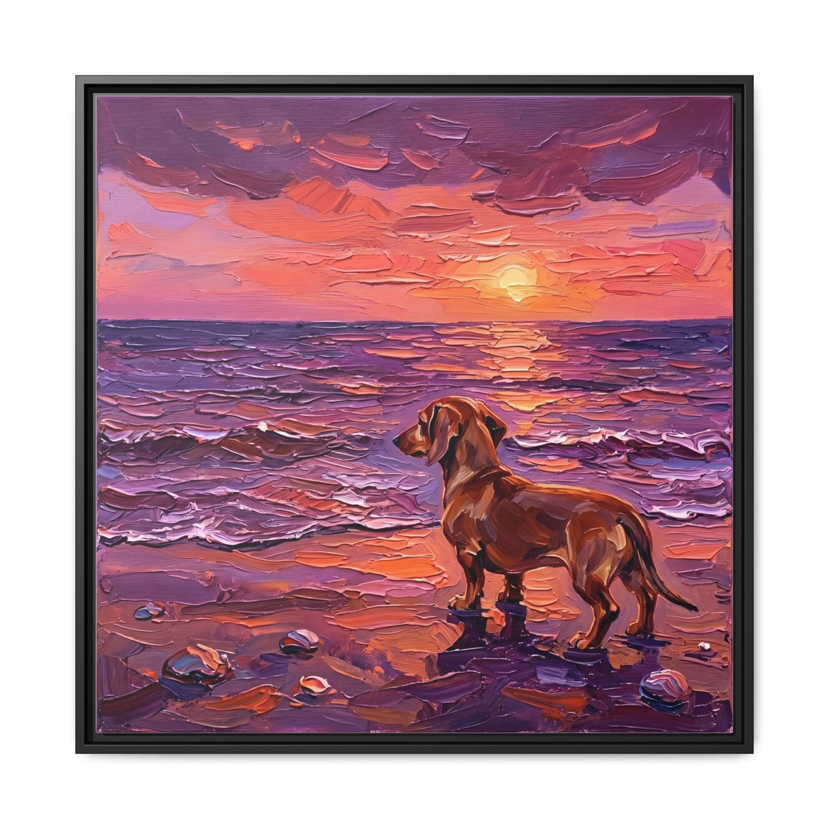 "Beach Day - Brown Dachshund" Framed Canvas Wall Art